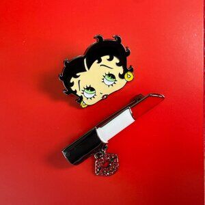 Betty Boop Enamel Pins Set: Face Pin & Lipstick with Glitter Heart Charm